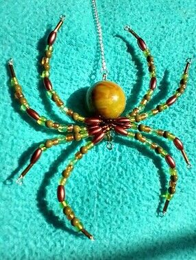Handmade Beaded Spider Ornament in Olive Green and Brown